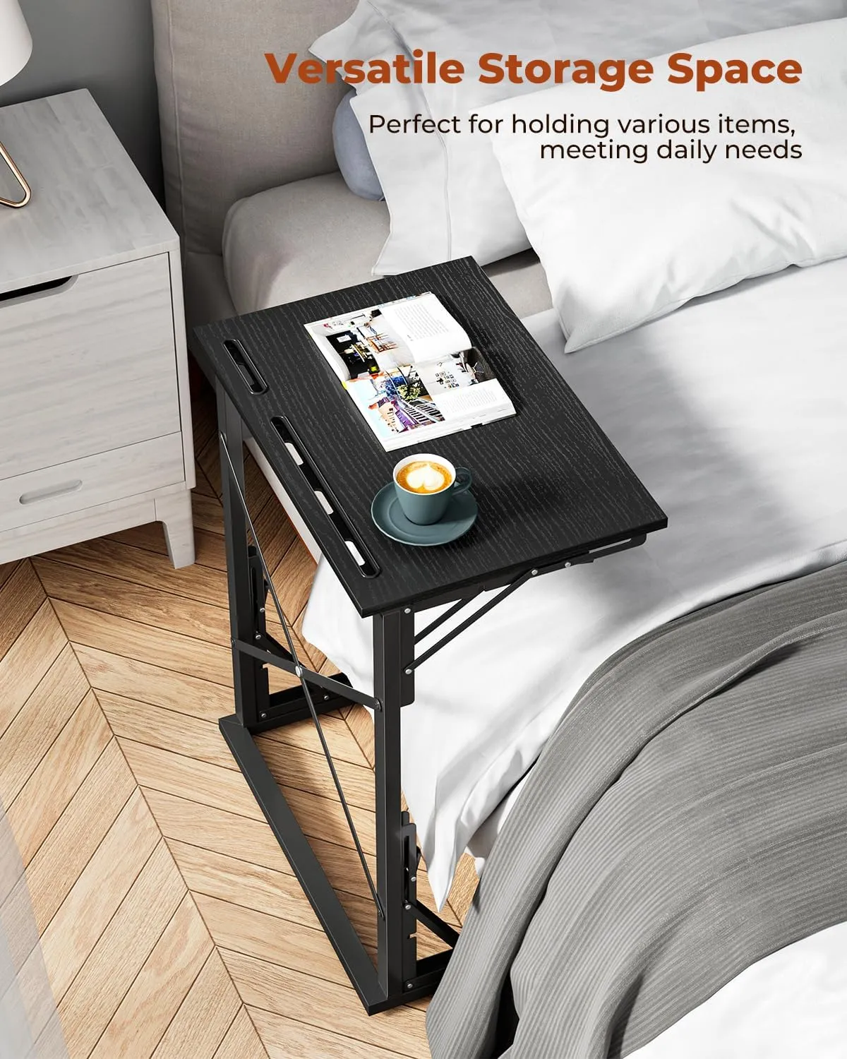 21''Wx28''H TV Tray Set of 2, Small Foldable C-Shaped End Table for Eating with Tablet and Phone Slots, Slide Under Couch Side Table for Recliner, Living Room, Bedroom, Black