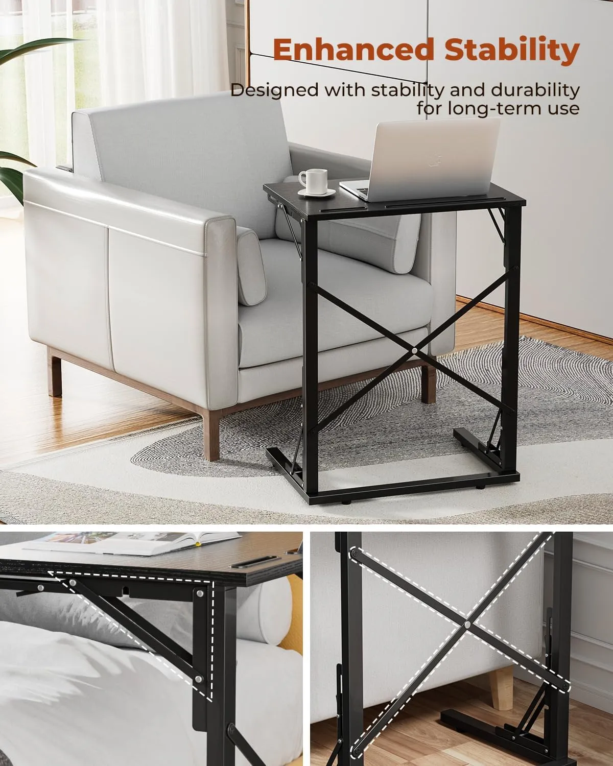 21''Wx28''H TV Tray Set of 2, Small Foldable C-Shaped End Table for Eating with Tablet and Phone Slots, Slide Under Couch Side Table for Recliner, Living Room, Bedroom, Black
