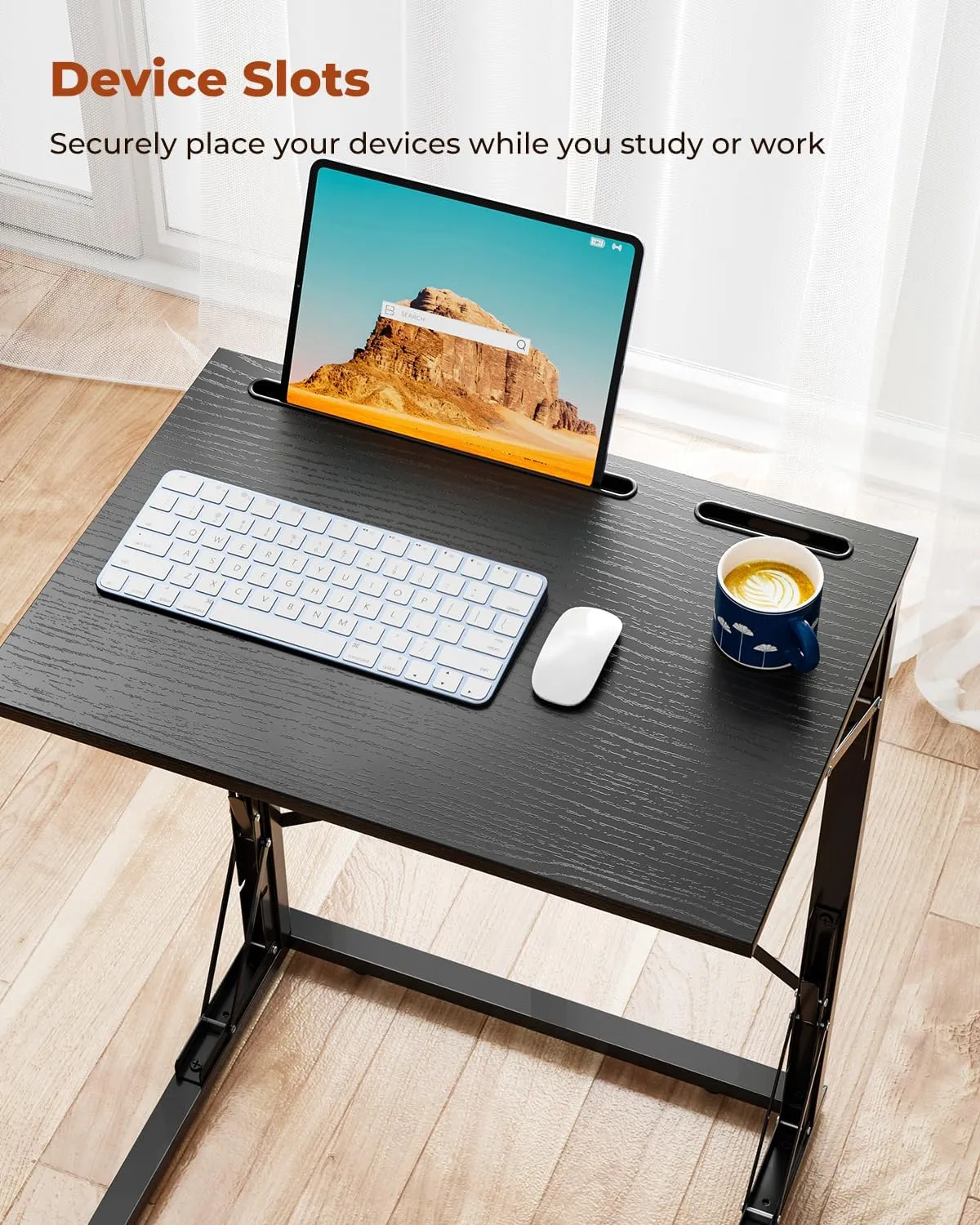 21''Wx28''H TV Tray Set of 2, Small Foldable C-Shaped End Table for Eating with Tablet and Phone Slots, Slide Under Couch Side Table for Recliner, Living Room, Bedroom, Black