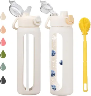24 oz Glass Water Bottles with 2 Lids-Handle Spout Lid & Straw Lid, Motivational Water Bottle with Time Marker and Silicone Sleeve,Leakproof-White-1 Pack