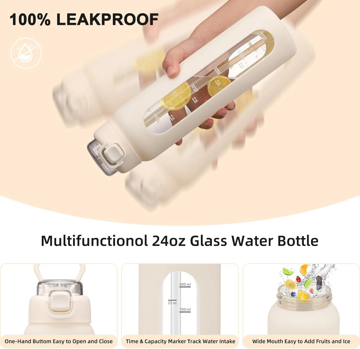 24 oz Glass Water Bottles with 2 Lids-Handle Spout Lid & Straw Lid, Motivational Water Bottle with Time Marker and Silicone Sleeve,Leakproof-White-1 Pack