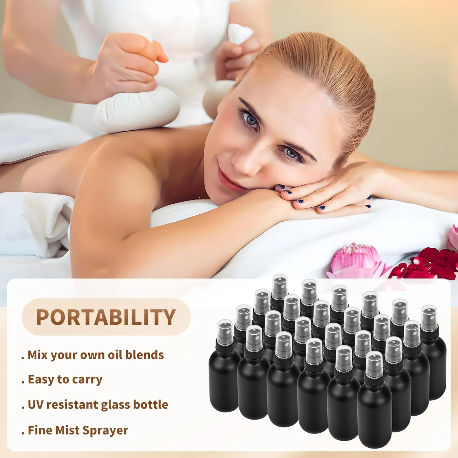 24 Pack 2oz Glass Boston Round Bottle with Fine Mist Sprayer - Black Frosted - Essential Oils, Bath, Beauty, Hair & Cleaning - Leakproof Travel Bottles