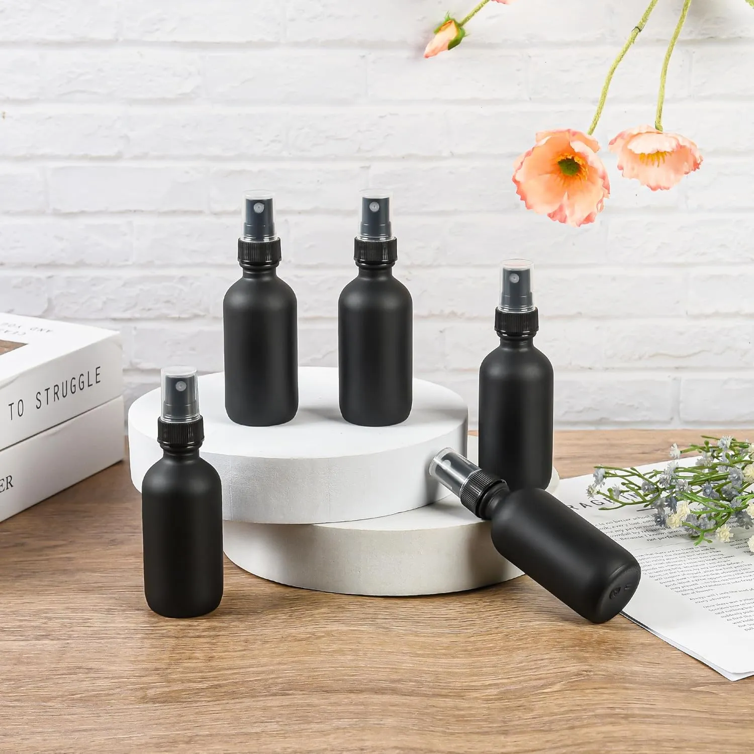24 Pack 2oz Glass Boston Round Bottle with Fine Mist Sprayer - Black Frosted - Essential Oils, Bath, Beauty, Hair & Cleaning - Leakproof Travel Bottles