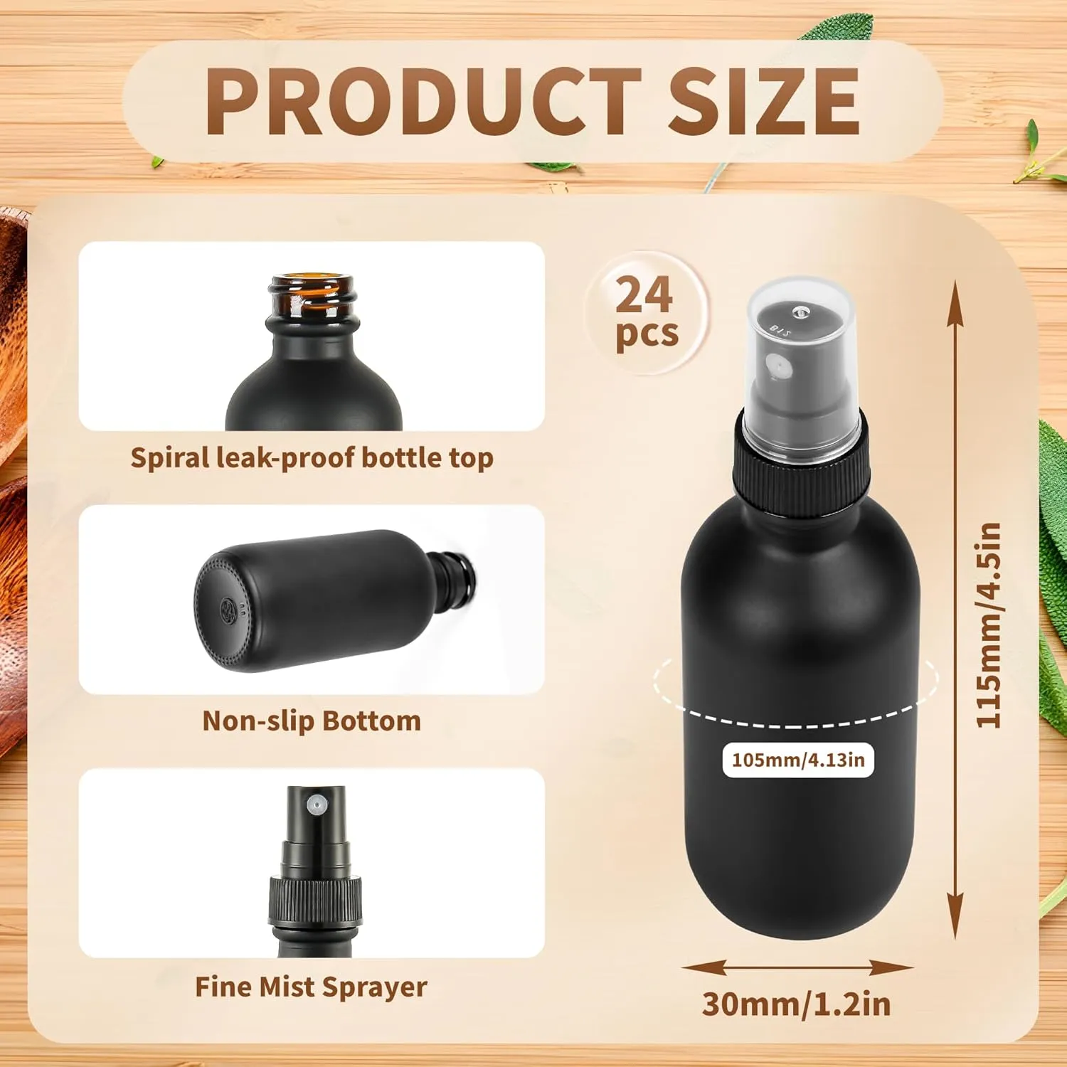 24 Pack 2oz Glass Boston Round Bottle with Fine Mist Sprayer - Black Frosted - Essential Oils, Bath, Beauty, Hair & Cleaning - Leakproof Travel Bottles