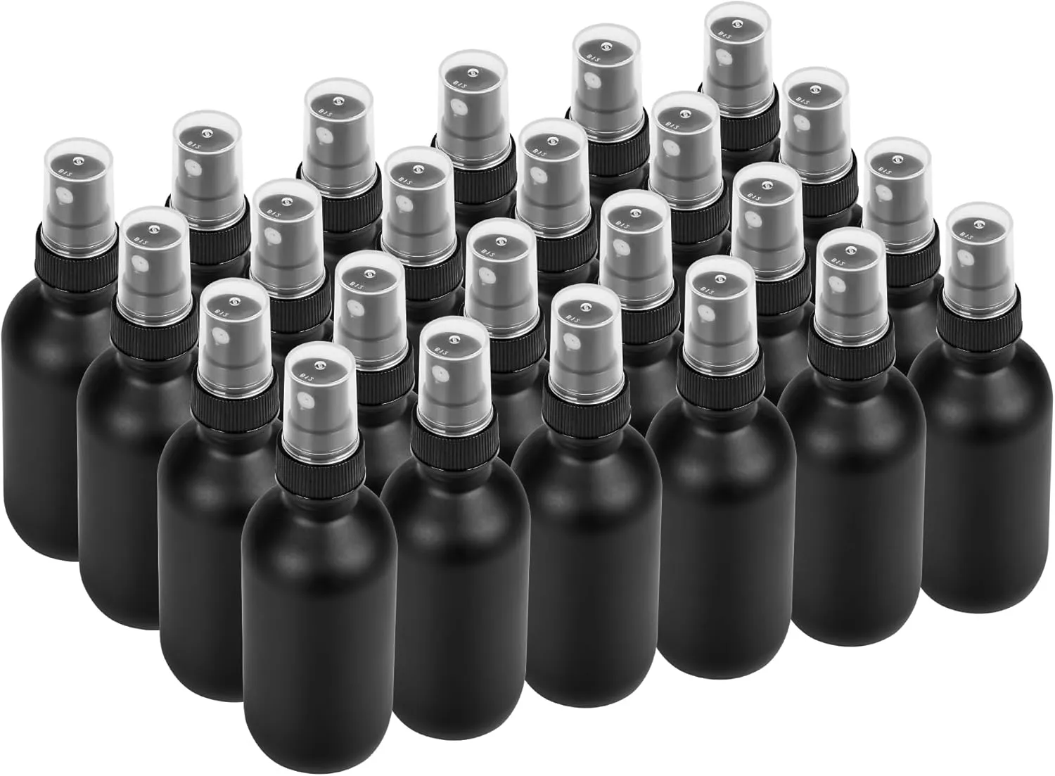 24 Pack 2oz Glass Boston Round Bottle with Fine Mist Sprayer - Black Frosted - Essential Oils, Bath, Beauty, Hair & Cleaning - Leakproof Travel Bottles