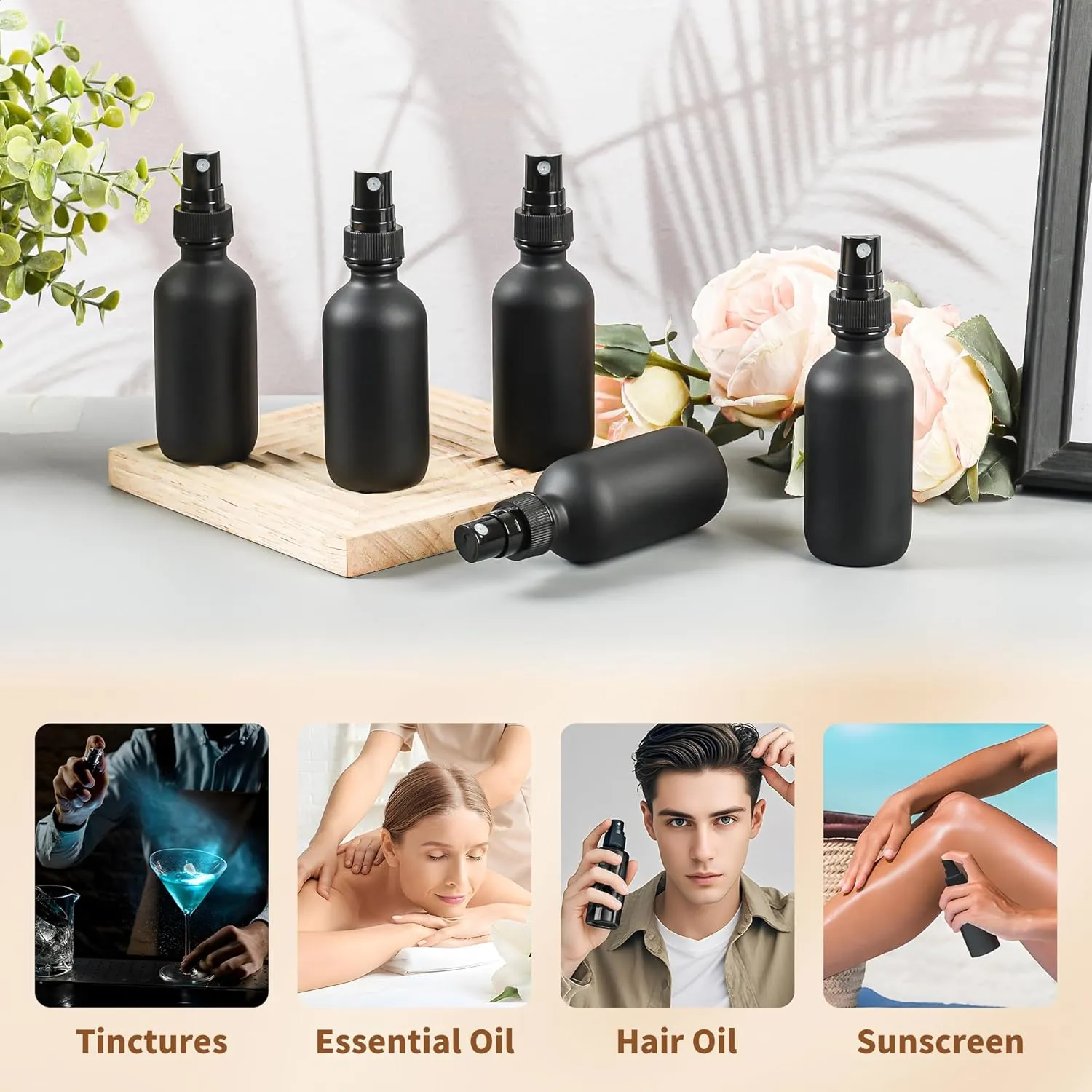 24 Pack 2oz Glass Boston Round Bottle with Fine Mist Sprayer - Black Frosted - Essential Oils, Bath, Beauty, Hair & Cleaning - Leakproof Travel Bottles