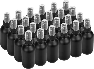 24 Pack 2oz Glass Boston Round Bottle with Fine Mist Sprayer - Black Frosted - Essential Oils, Bath, Beauty, Hair & Cleaning - Leakproof Travel Bottles