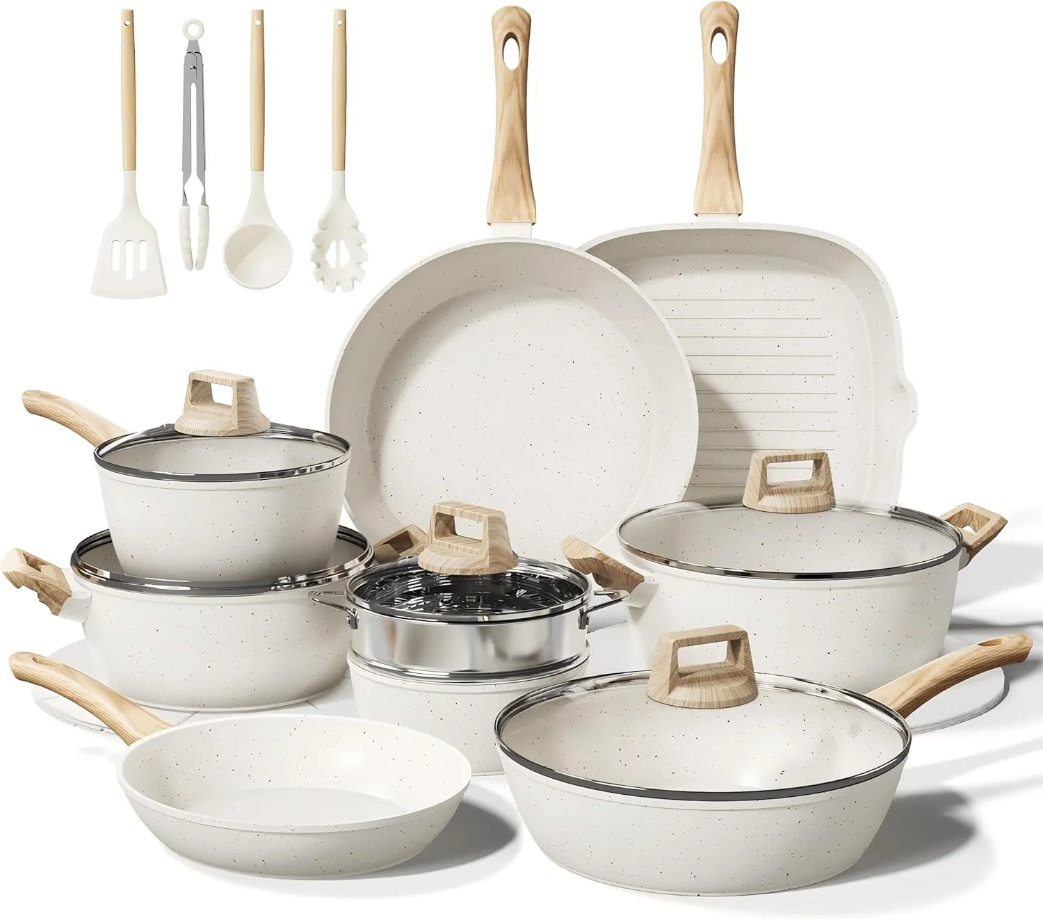 24 Pcs Pots and Pans Set Non Stick Ceramic Cookware Set,Healthy Non Toxic Kitchen Cookware Sets with Large Capacity,Induction Compatible,Dishwasher Safe,PFAS/PTFE/PFOA/PFOS Free,Cream White