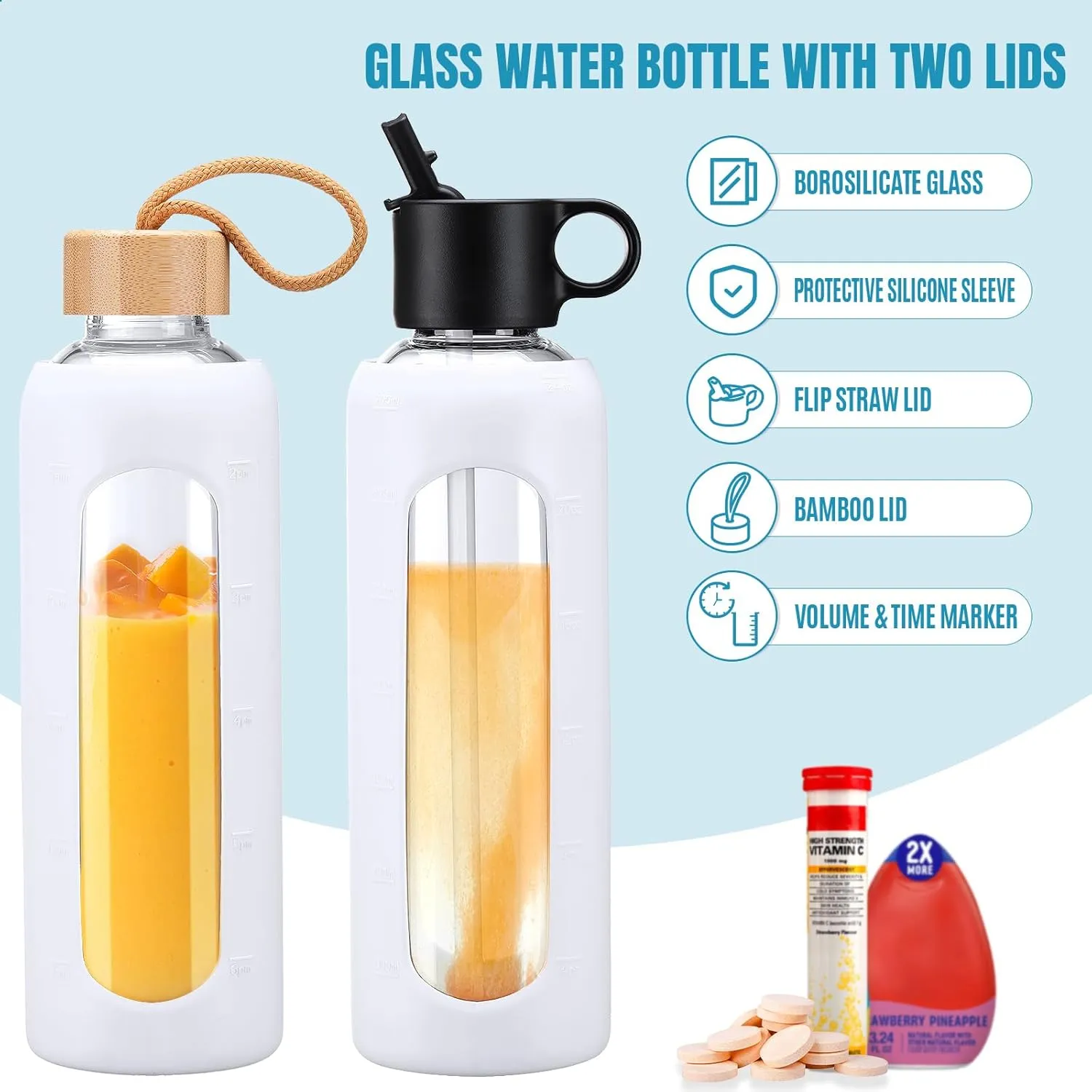 24oz Glass Water Bottle With 2 Lids, Glass Tumbler With Silicone Sleeve, Drinking Bottles With Motivational Time Marker,1 Pack-White
