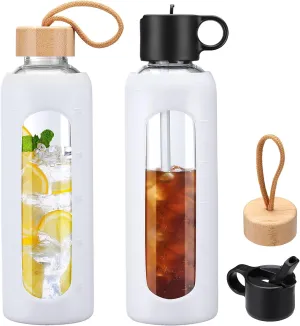 24oz Glass Water Bottle With 2 Lids, Glass Tumbler With Silicone Sleeve, Drinking Bottles With Motivational Time Marker,1 Pack-White