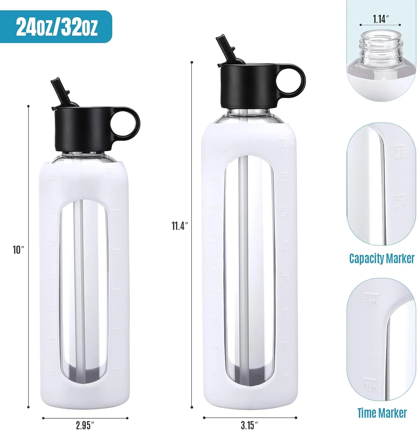 24oz Glass Water Bottle With 2 Lids, Glass Tumbler With Silicone Sleeve, Drinking Bottles With Motivational Time Marker,1 Pack-White
