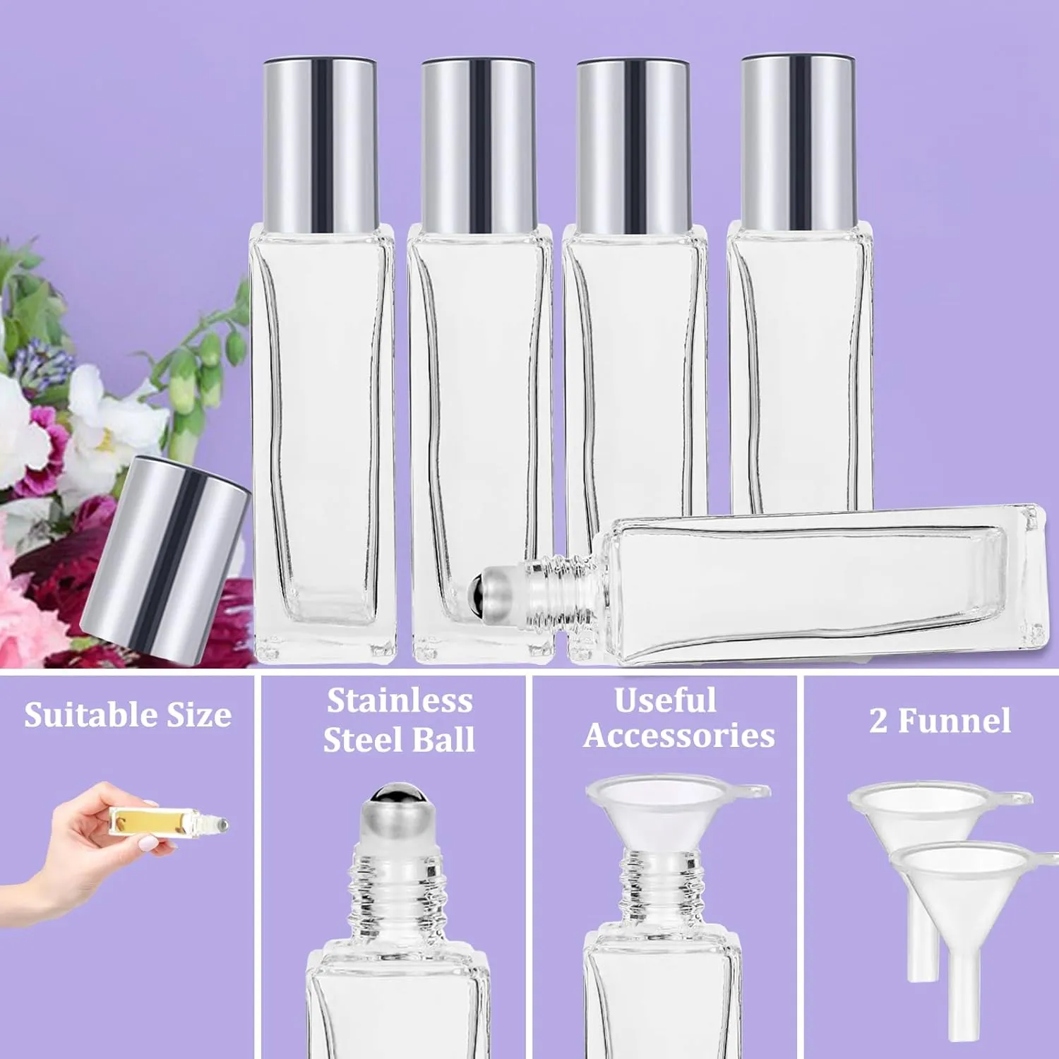 25 Pcs 10 ml Glass Roller Bottles for Essential Oils, Square Thick Empty Glass Bottles with Stainless Steel Roller Balls Protection, Leakproof with 2 Funnel for Travel, Silver