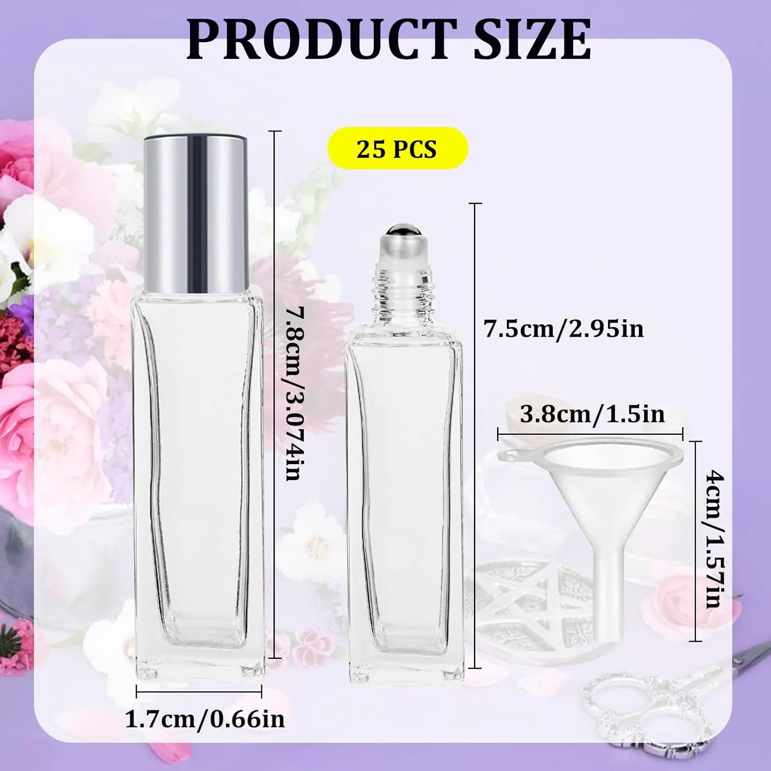 25 Pcs 10 ml Glass Roller Bottles for Essential Oils, Square Thick Empty Glass Bottles with Stainless Steel Roller Balls Protection, Leakproof with 2 Funnel for Travel, Silver