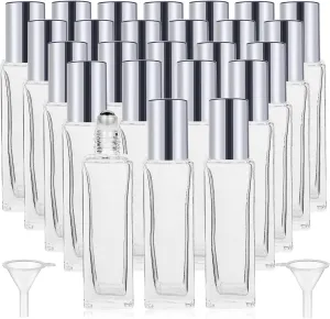 25 Pcs 10 ml Glass Roller Bottles for Essential Oils, Square Thick Empty Glass Bottles with Stainless Steel Roller Balls Protection, Leakproof with 2 Funnel for Travel, Silver