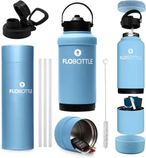 28 oz Water Bottle With Storage Bundle Pack | Chugger With Articulating Lid & Soft Handle   3 Pack Staw & Cleaner   EZ Grip Flexible Boot   EZ Grip Flexible Protective Neck (Oceana Blue)