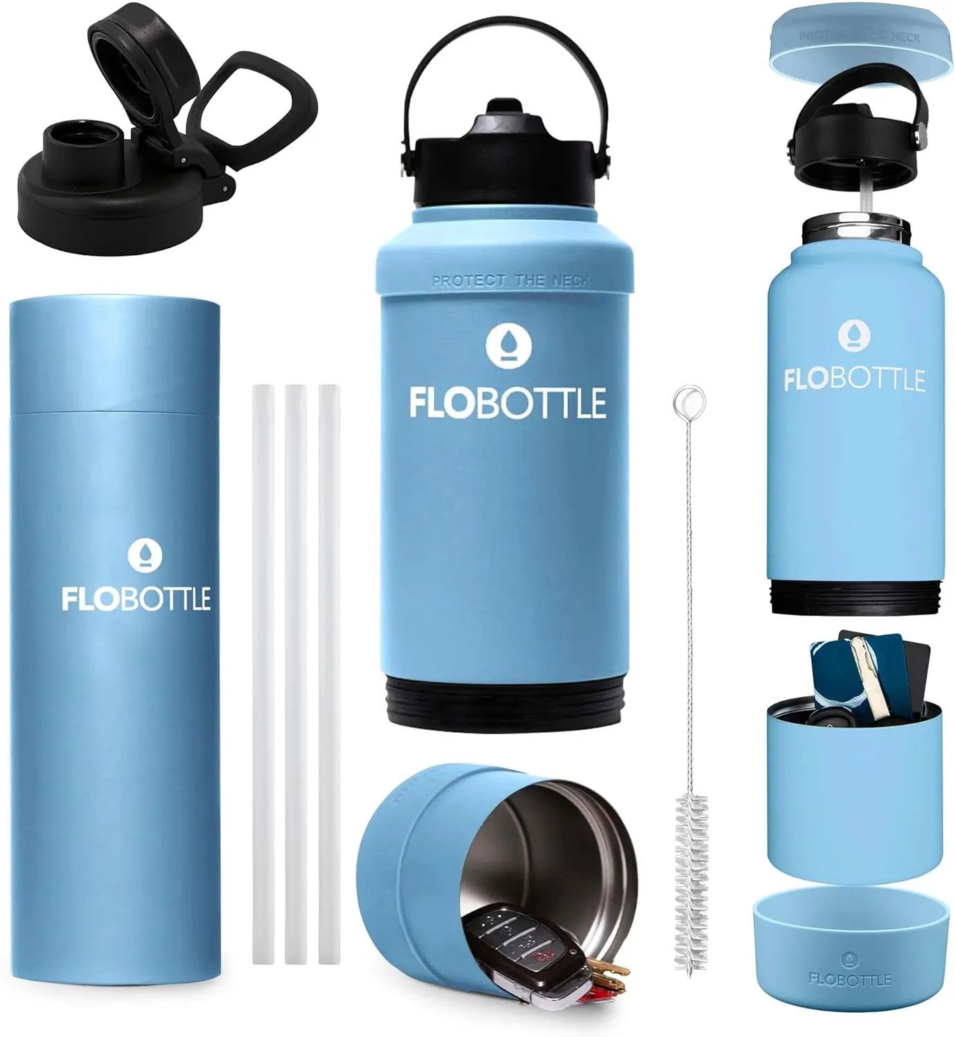 28 oz Water Bottle With Storage Bundle Pack | Chugger With Articulating Lid & Soft Handle   3 Pack Staw & Cleaner   EZ Grip Flexible Boot   EZ Grip Flexible Protective Neck (Oceana Blue)