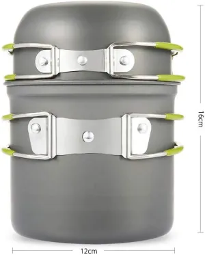 2pcs Outdoor Camping Portable Aluminum Cookware with Green Folding Handles
