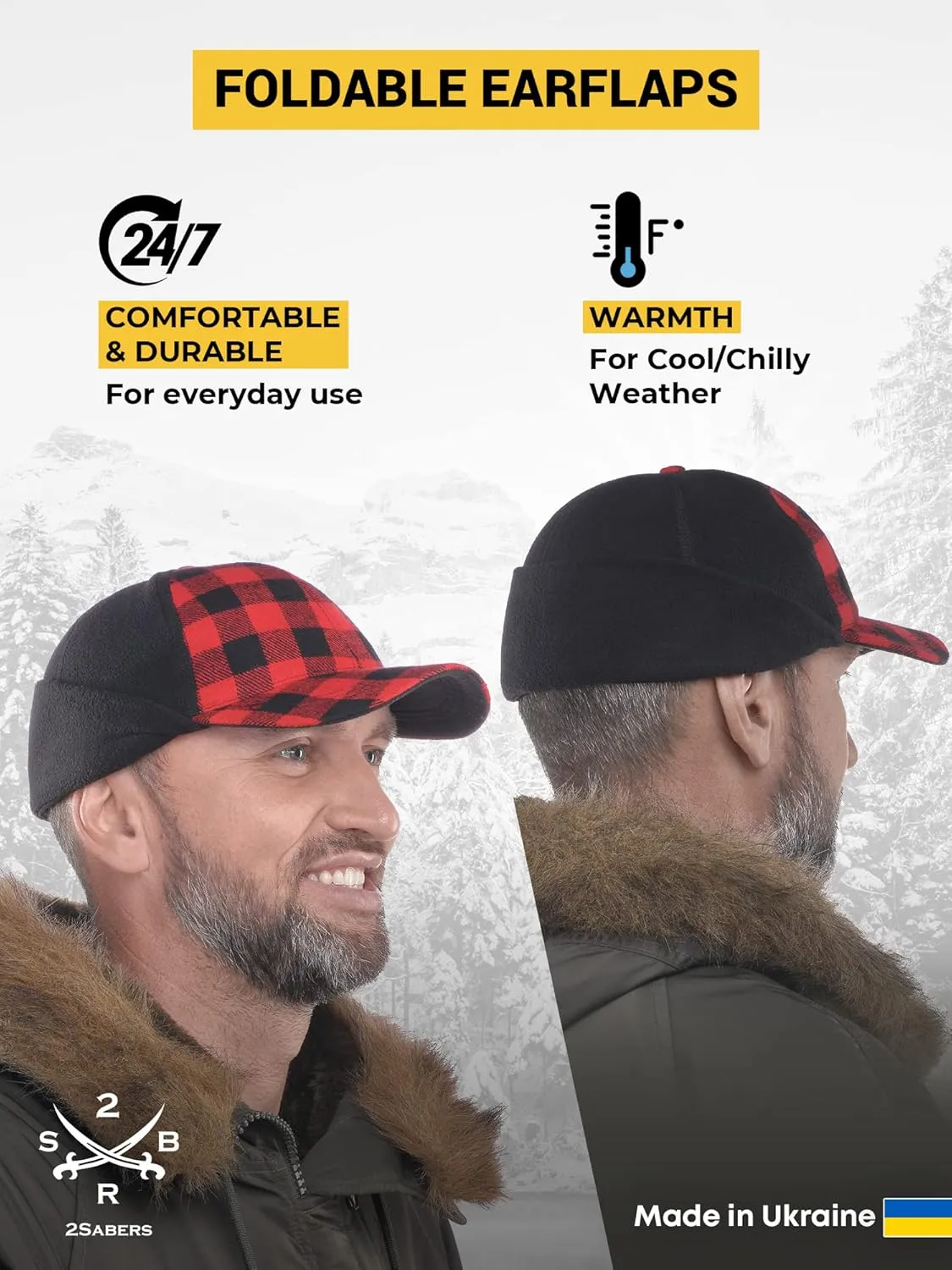 2SBR 2SABERS Mens Winter Hat with Earflaps and Visor - Warm Trucker Baseball Cap Hat
