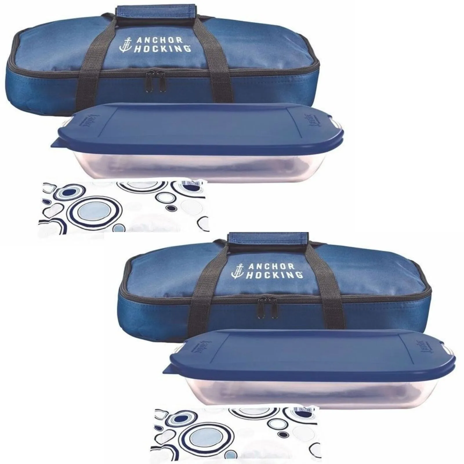 2x 4pc Anchor Hocking Bake-N-Take Hot/Cold Glass Dish/Casserole/Lid Set - Blue
