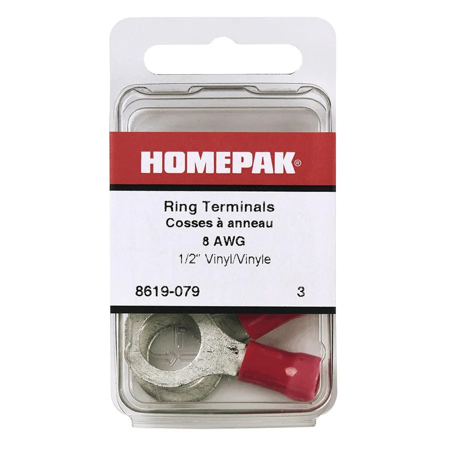 3 Pack 8 AWG Insulated Ring Terminals