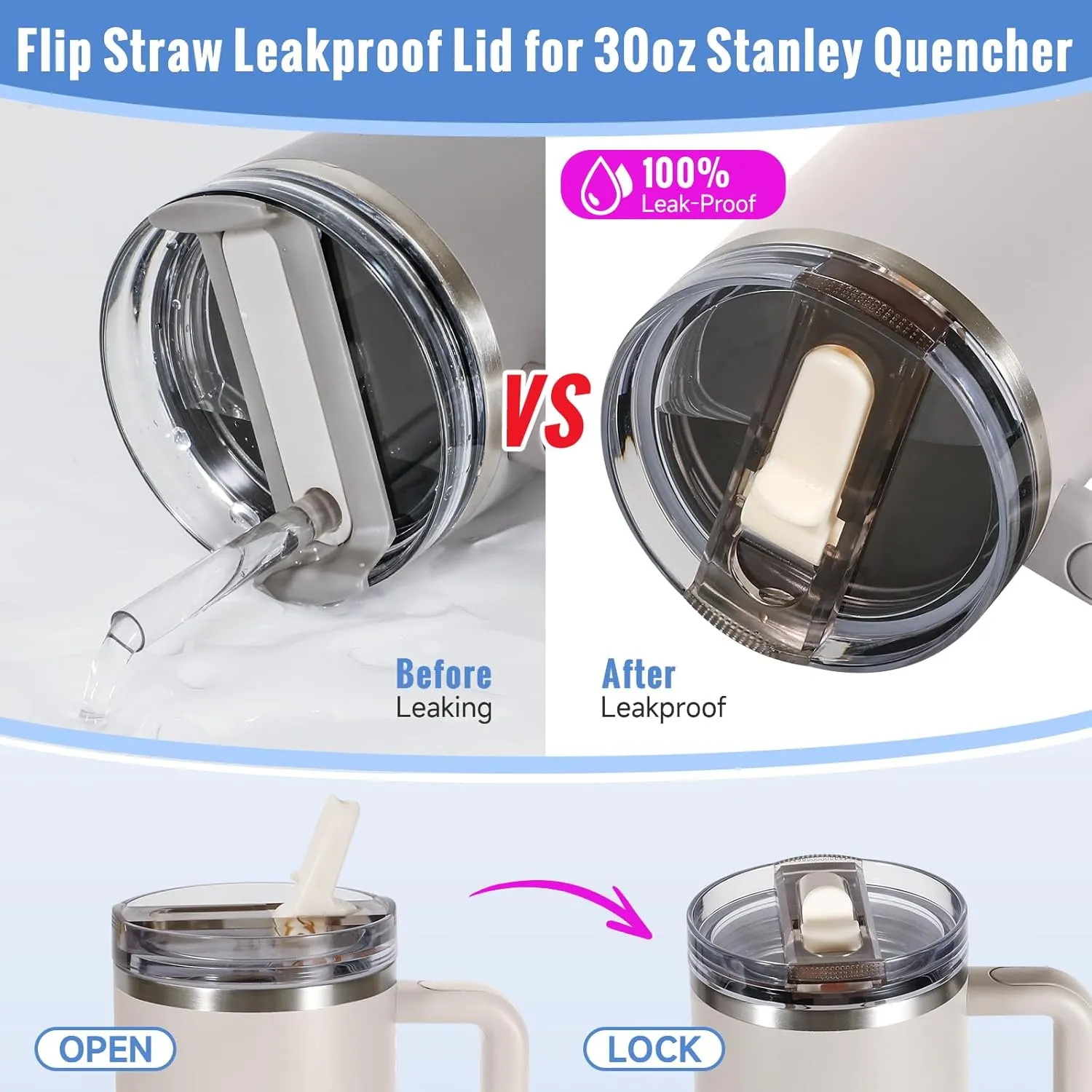 30 oz Flip Straw Leakproof Lid for Stanley Cup Accessories, 2 Pack Detachable 30oz Tumbler Lids Replacement for stanley lid, Spill Proof Covers for Stanley Quencher H2.0 ProTour (Cream,Cream)