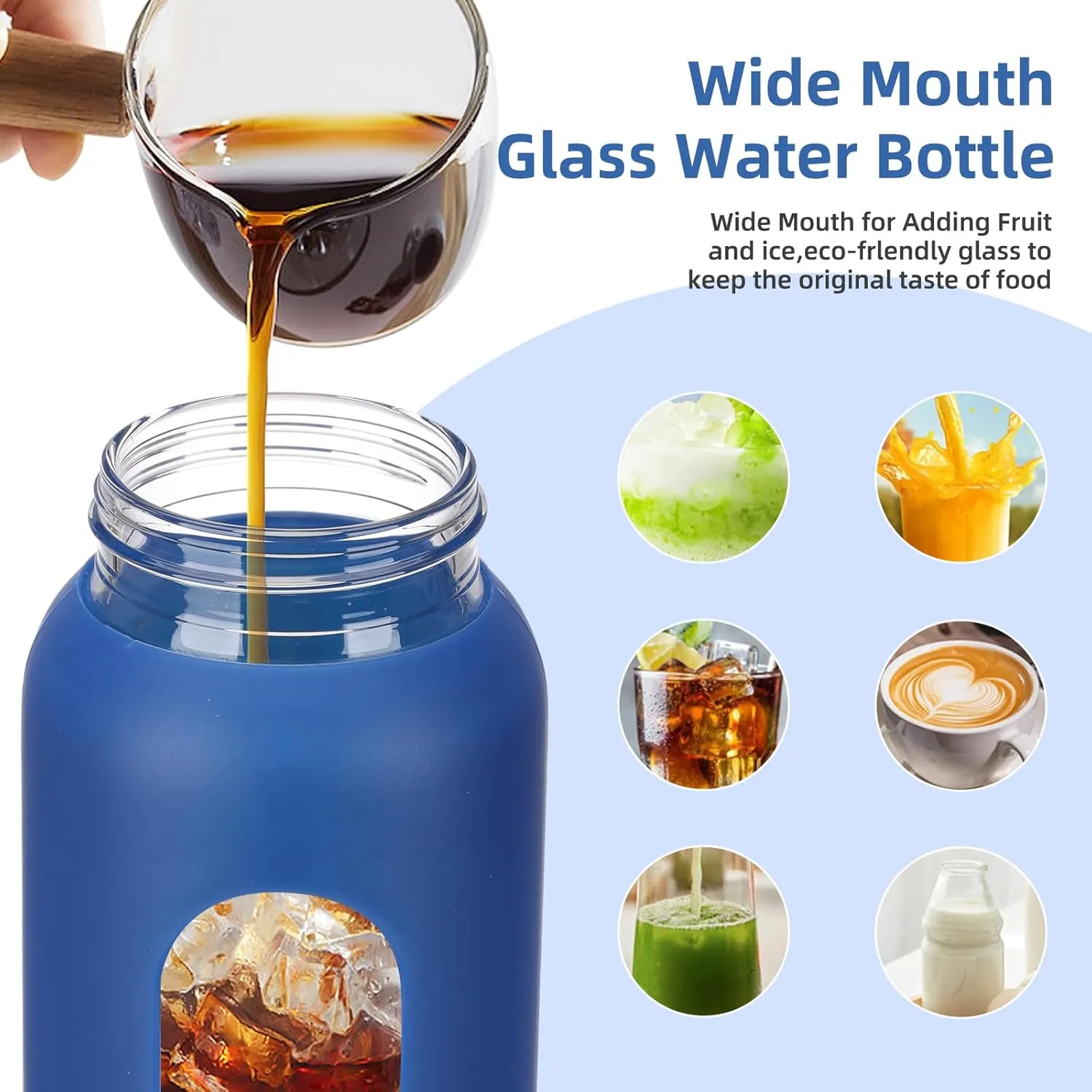 32 oz Glass Water Bottle with 2 Lids-Handle Straw Lid & Bamboo Lid,1 Liter Motivataional Tumbler Water Bottle Time Marker, Borosilicate Glass Water Bottles With Silicone Sleeve, Leakproof