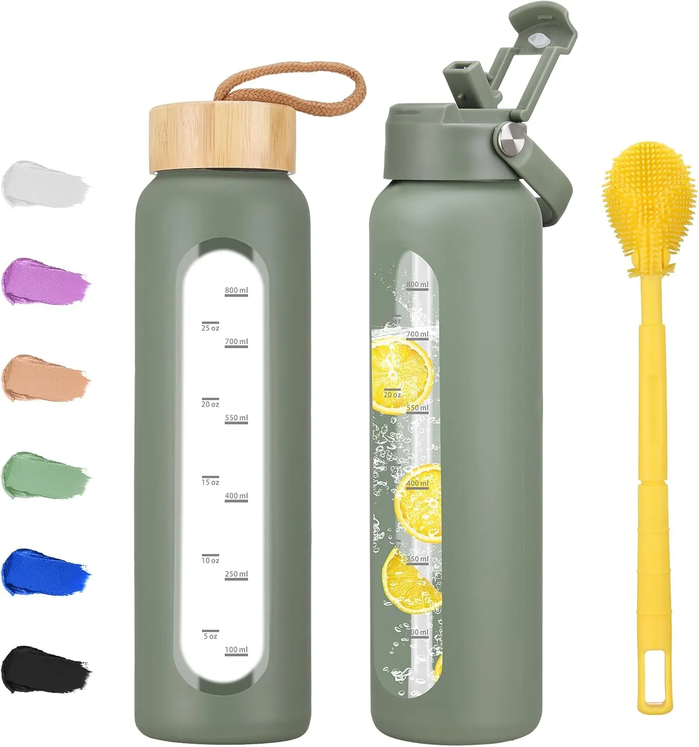 32 oz Glass Water Bottle with 2 Lids-Handle Straw Lid & Bamboo Lid,1 Liter Motivataional Tumbler Water Bottle Time Marker, Borosilicate Glass Water Bottles With Silicone Sleeve, Leakproof