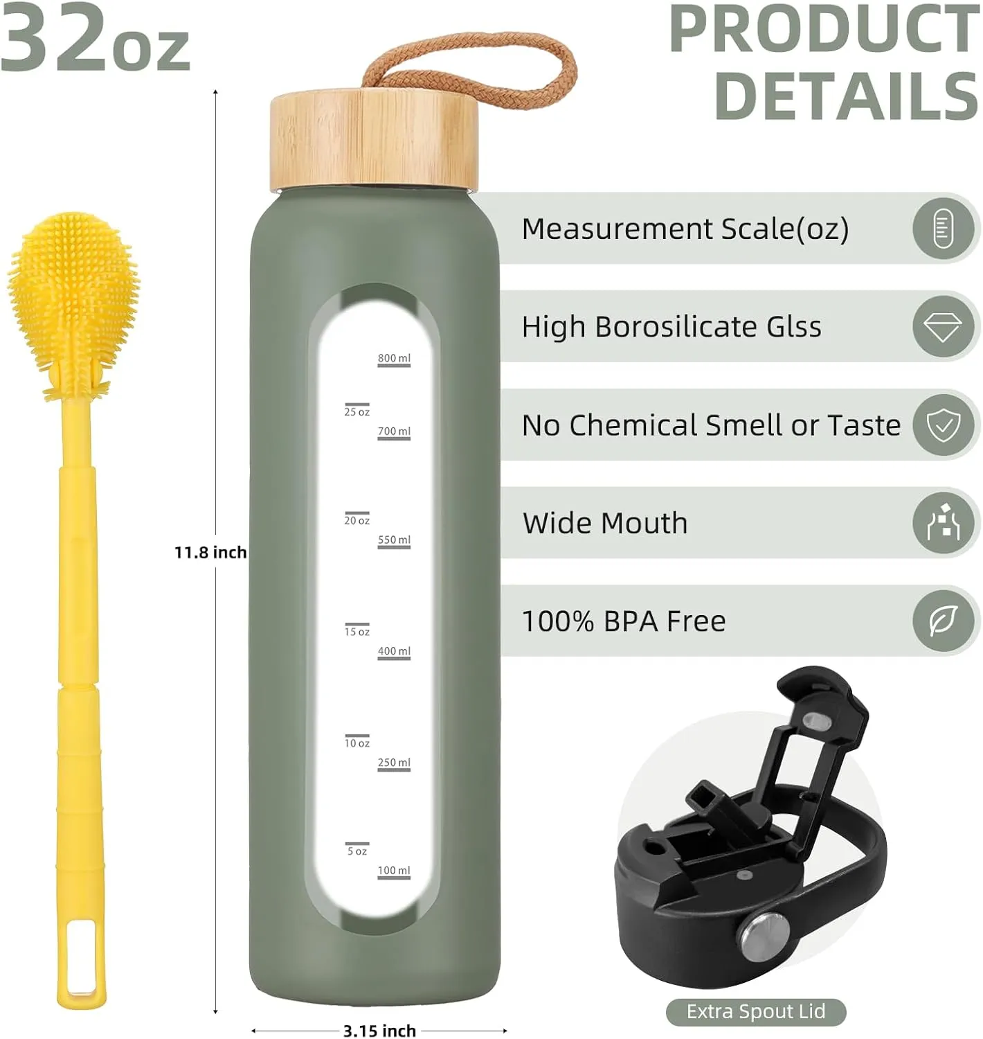 32 oz Glass Water Bottle with 2 Lids-Handle Straw Lid & Bamboo Lid,1 Liter Motivataional Tumbler Water Bottle Time Marker, Borosilicate Glass Water Bottles With Silicone Sleeve, Leakproof