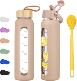 32 oz Glass Water Bottle with 2 Lids-Handle Straw Lid & Bamboo Lid,1 Liter Motivataional Tumbler Water Bottle Time Marker, Borosilicate Glass Water Bottles With Silicone Sleeve, Leakproof