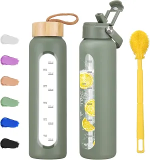 32 oz Glass Water Bottle with 2 Lids-Handle Straw Lid & Bamboo Lid,1 Liter Motivataional Tumbler Water Bottle Time Marker, Borosilicate Glass Water Bottles With Silicone Sleeve, Leakproof