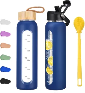 32 oz Glass Water Bottle with 2 Lids-Handle Straw Lid & Bamboo Lid,1 Liter Motivataional Tumbler Water Bottle Time Marker, Borosilicate Glass Water Bottles With Silicone Sleeve, Leakproof