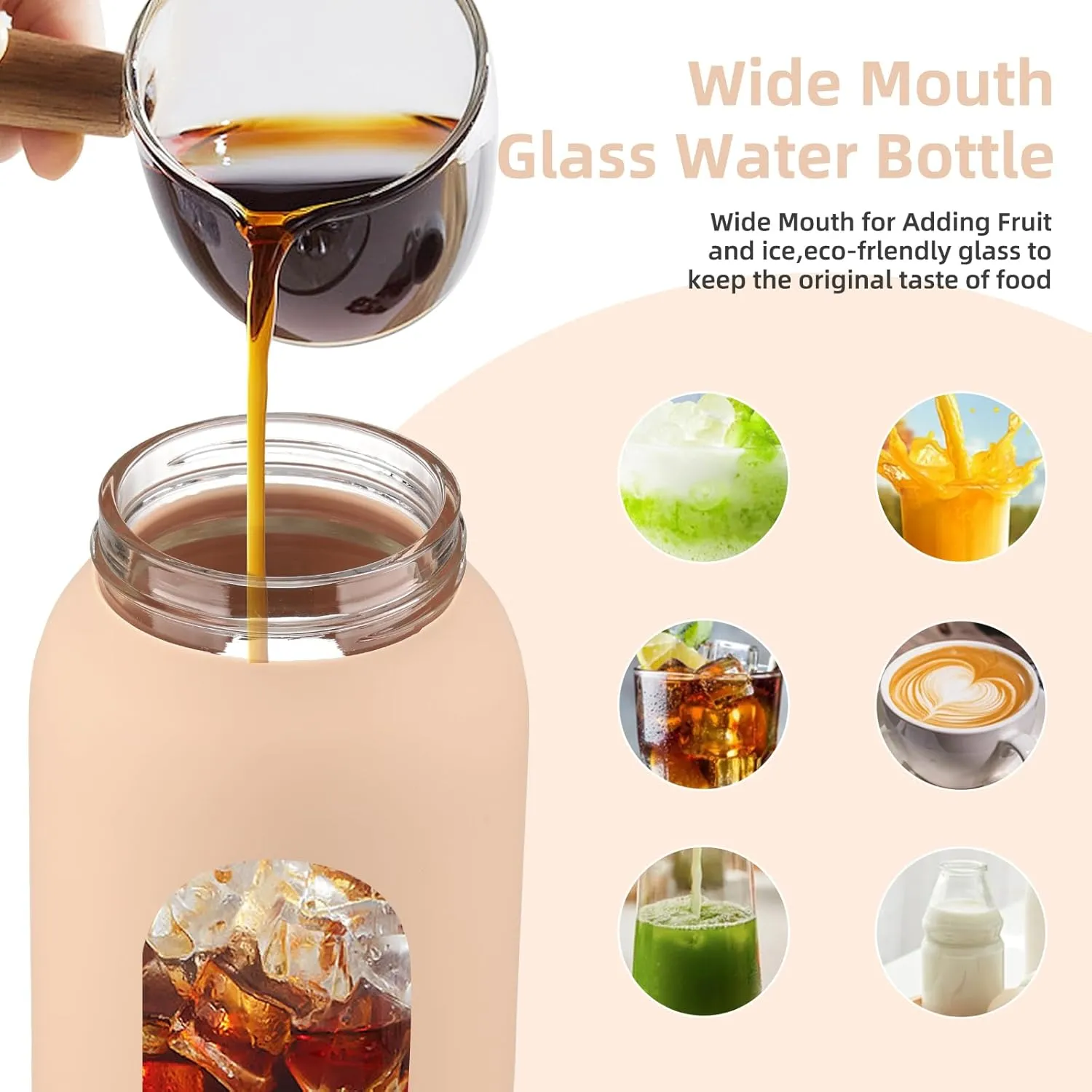 32 oz Glass Water Bottle with 2 Lids-Handle Straw Lid & Bamboo Lid,1 Liter Motivataional Tumbler Water Bottle Time Marker, Borosilicate Glass Water Bottles With Silicone Sleeve, Leakproof