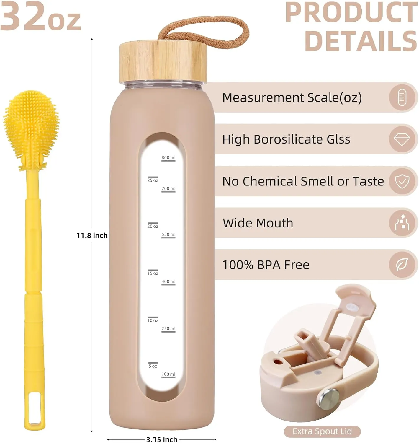 32 oz Glass Water Bottle with 2 Lids-Handle Straw Lid & Bamboo Lid,1 Liter Motivataional Tumbler Water Bottle Time Marker, Borosilicate Glass Water Bottles With Silicone Sleeve, Leakproof