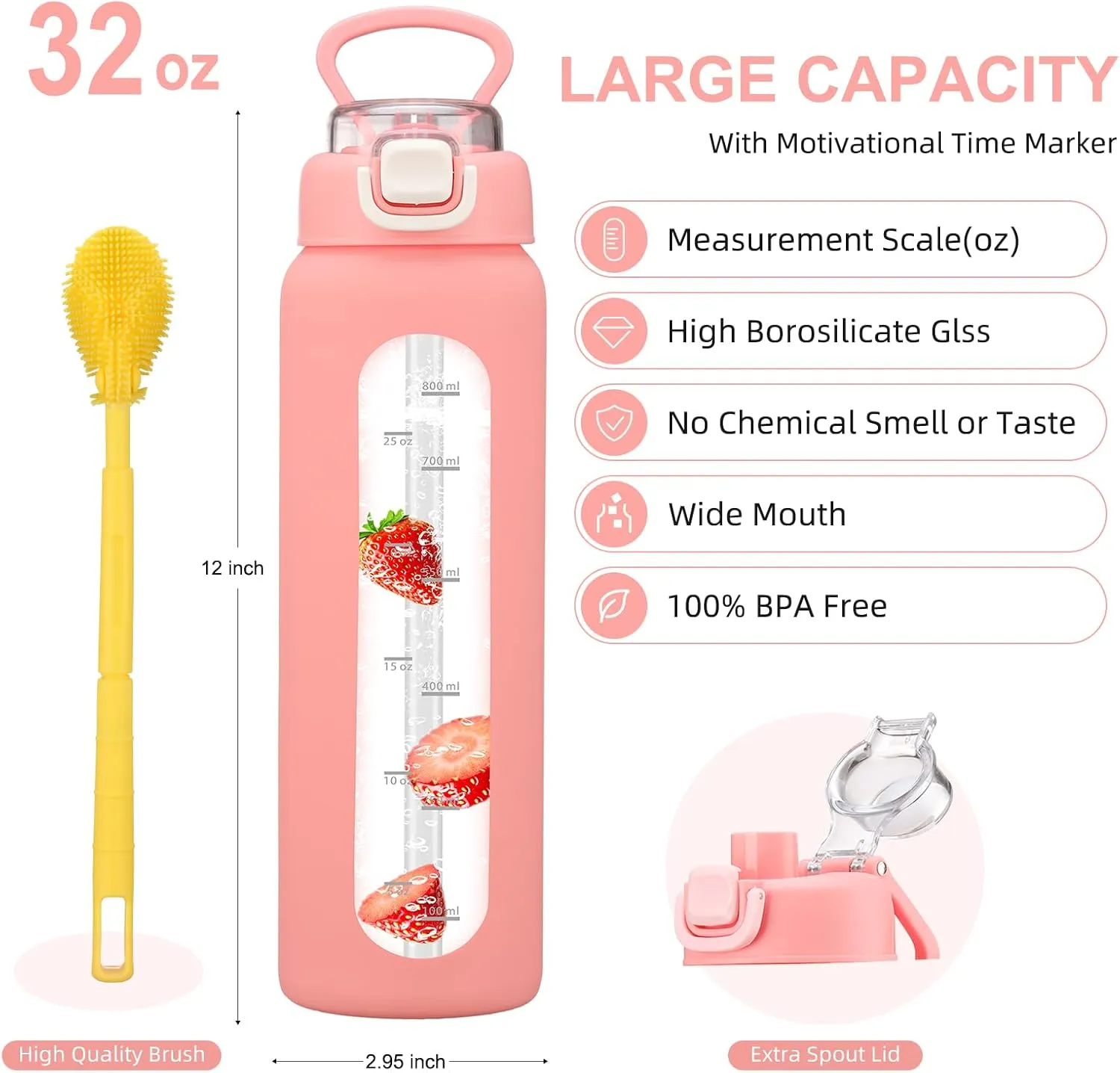 32 oz Glass Water Bottles with 2 Lids-Handle Spout Lid & Straw Lid, 1 Liter Motivational Borosilicate Water Bottle with Time Marker and Silicone Sleeve,Leakproof-Pink-1 Pack
