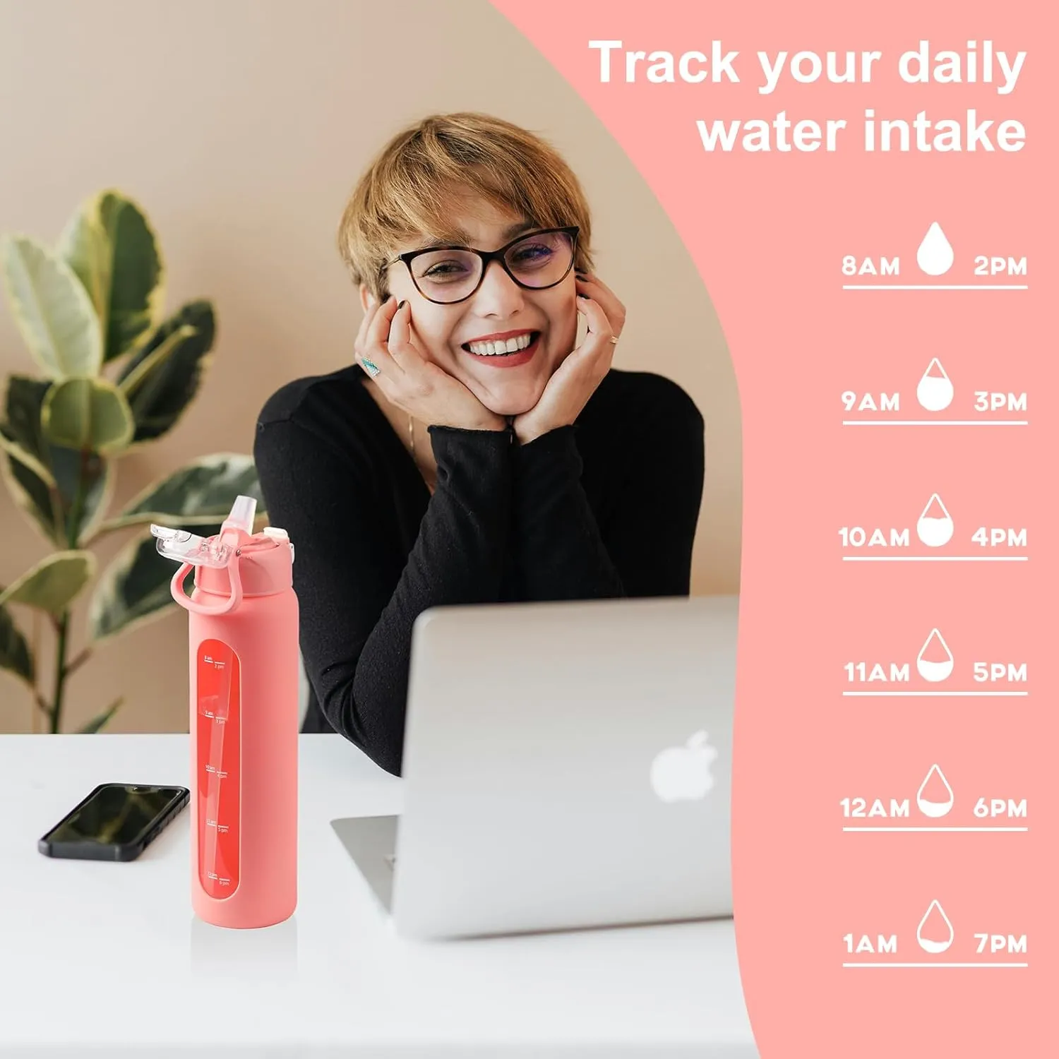 32 oz Glass Water Bottles with 2 Lids-Handle Spout Lid & Straw Lid, 1 Liter Motivational Borosilicate Water Bottle with Time Marker and Silicone Sleeve,Leakproof-Pink-1 Pack