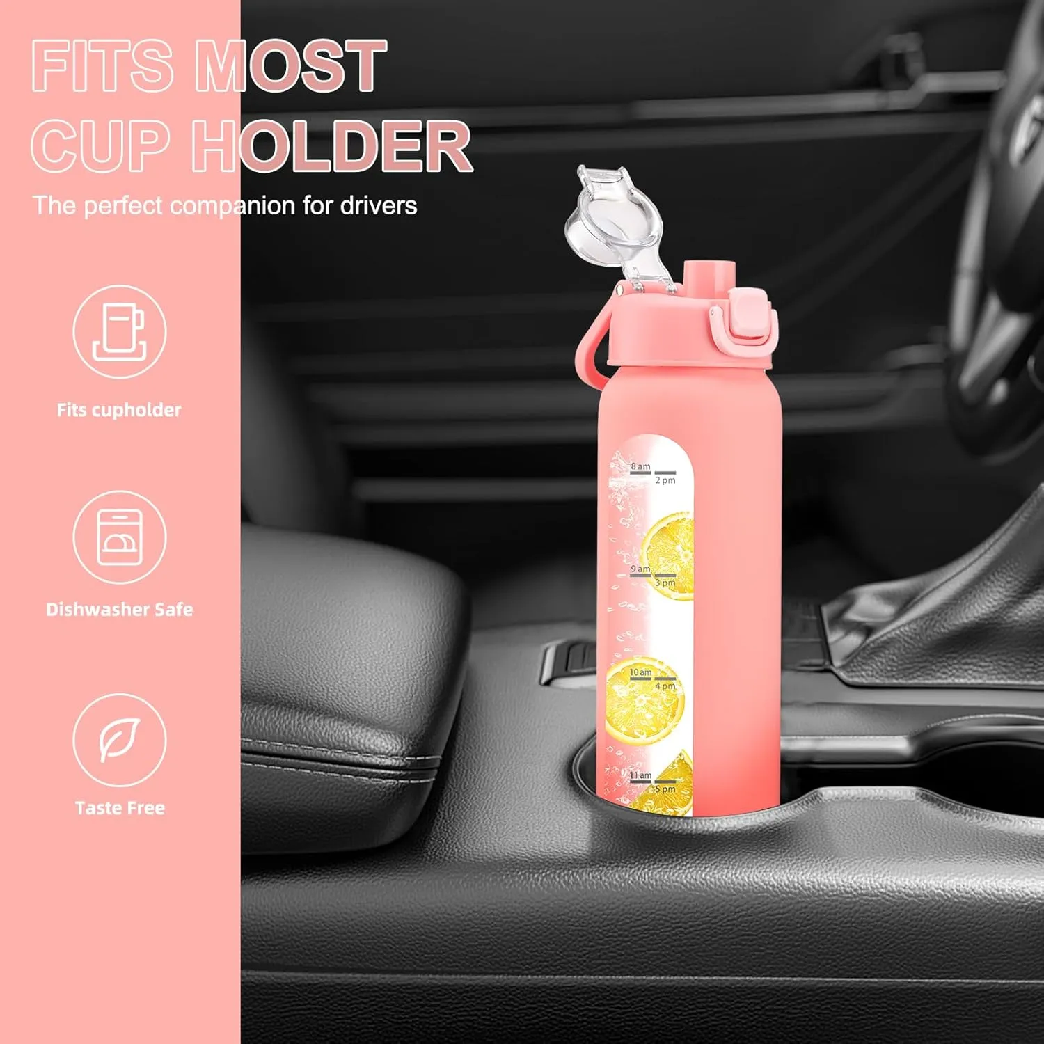 32 oz Glass Water Bottles with 2 Lids-Handle Spout Lid & Straw Lid, 1 Liter Motivational Borosilicate Water Bottle with Time Marker and Silicone Sleeve,Leakproof-Pink-1 Pack