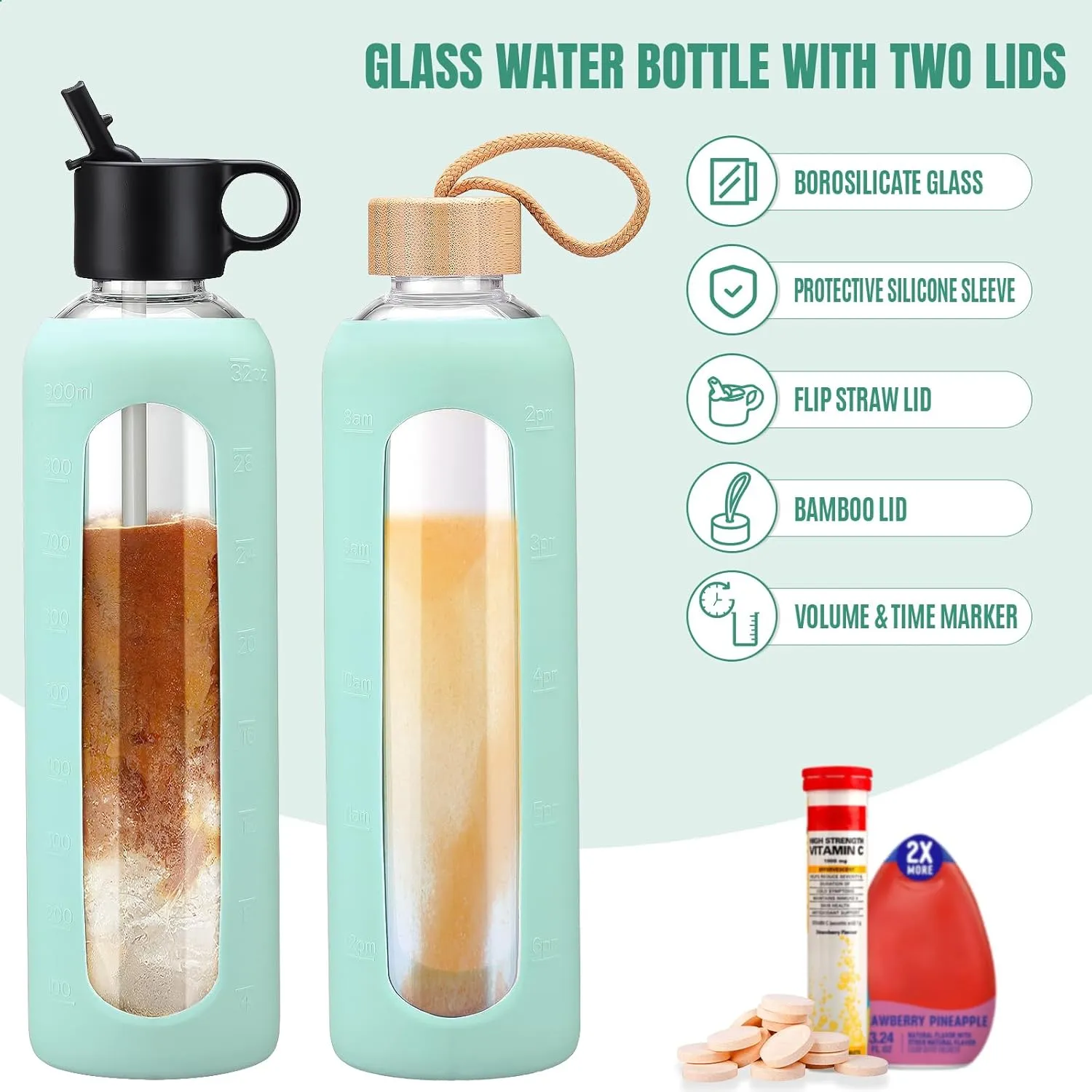 32oz Glass Water Bottle With 2 Lids, Glass Tumbler With Silicone Sleeve, Drinking Bottles With Motivational Time Marker,1 Pack-Light Blue