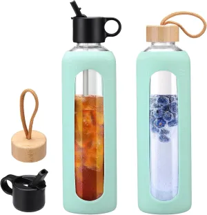 32oz Glass Water Bottle With 2 Lids, Glass Tumbler With Silicone Sleeve, Drinking Bottles With Motivational Time Marker,1 Pack-Light Blue