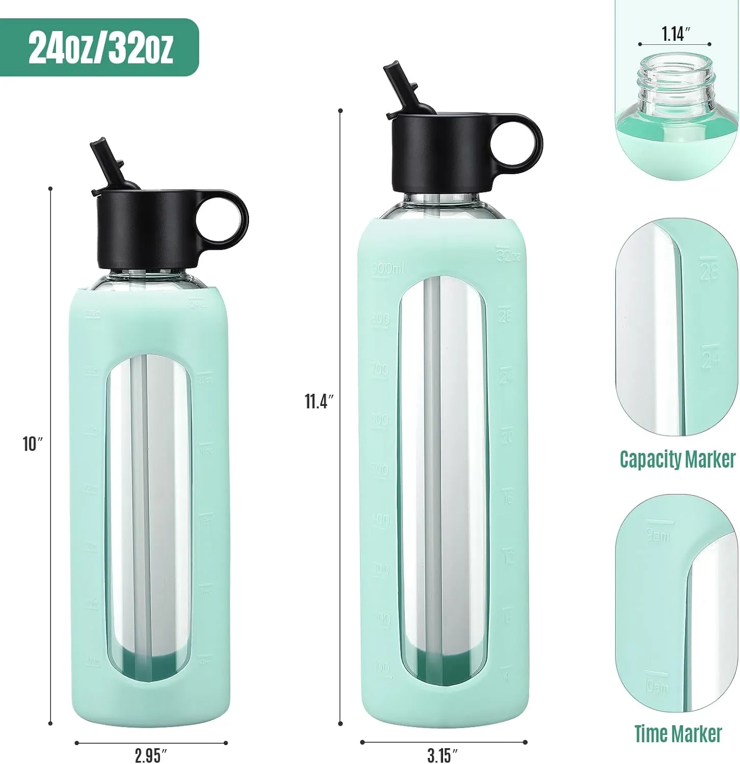 32oz Glass Water Bottle With 2 Lids, Glass Tumbler With Silicone Sleeve, Drinking Bottles With Motivational Time Marker,1 Pack-Light Blue