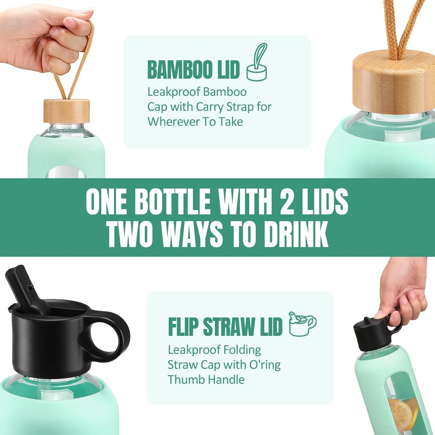 32oz Glass Water Bottle With 2 Lids, Glass Tumbler With Silicone Sleeve, Drinking Bottles With Motivational Time Marker,1 Pack-Light Blue
