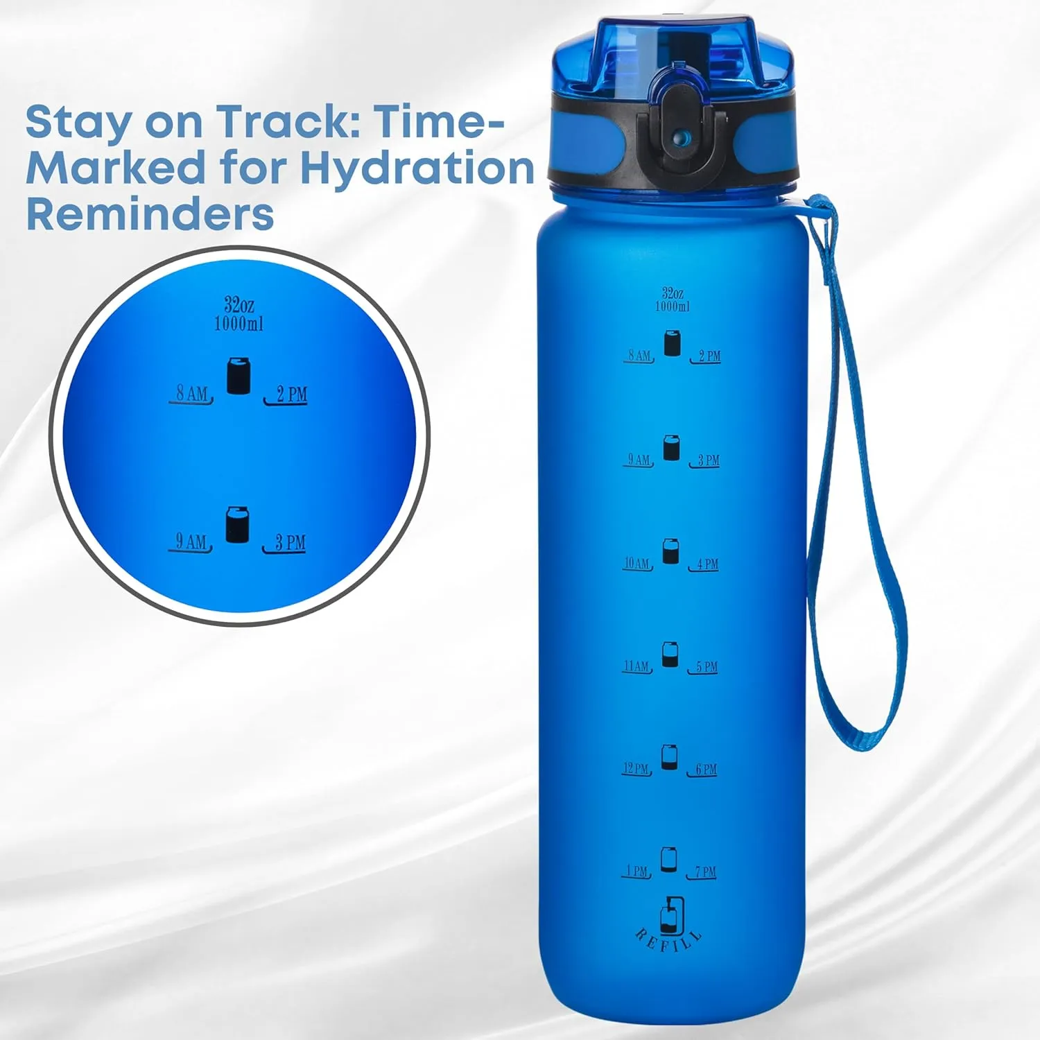 32oz Titan Water Bottle with Time-Marked, 2 Lids (Fast Flow & Straw) - BPA/BPS Free, Leak-Proof, Airtight, Reusable Water Bottle - Perfect for Sports, Hiking (Blue)