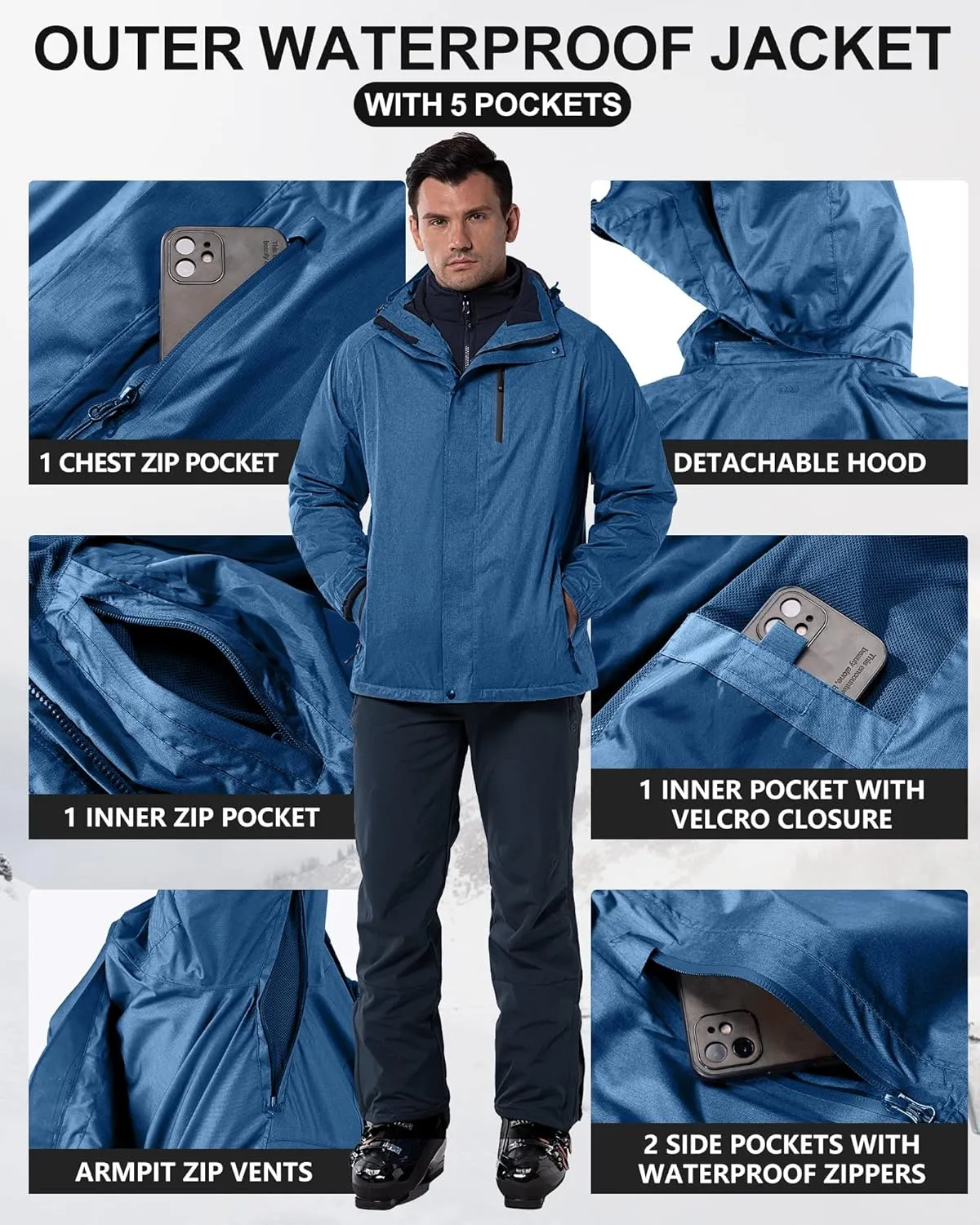 33,000ft Men's Waterproof Jacket Insulated Warm 3-in-1 Ski Snow Winter Coat Windproof Softshell Fleece Raincoat