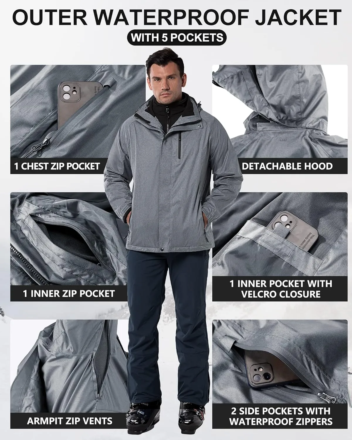 33,000ft Men's Waterproof Jacket Insulated Warm 3-in-1 Ski Snow Winter Coat Windproof Softshell Fleece Raincoat