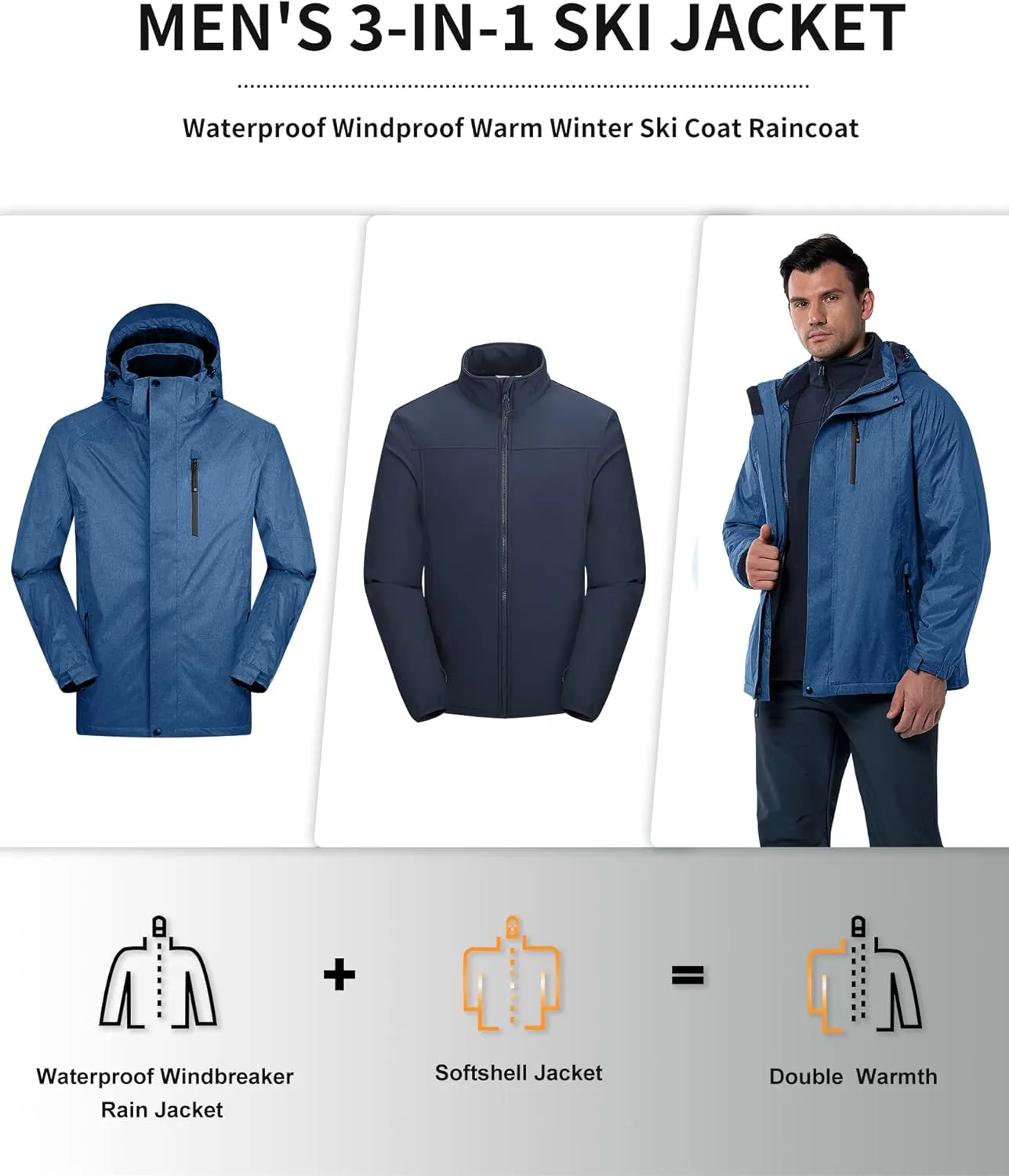 33,000ft Men's Waterproof Jacket Insulated Warm 3-in-1 Ski Snow Winter Coat Windproof Softshell Fleece Raincoat