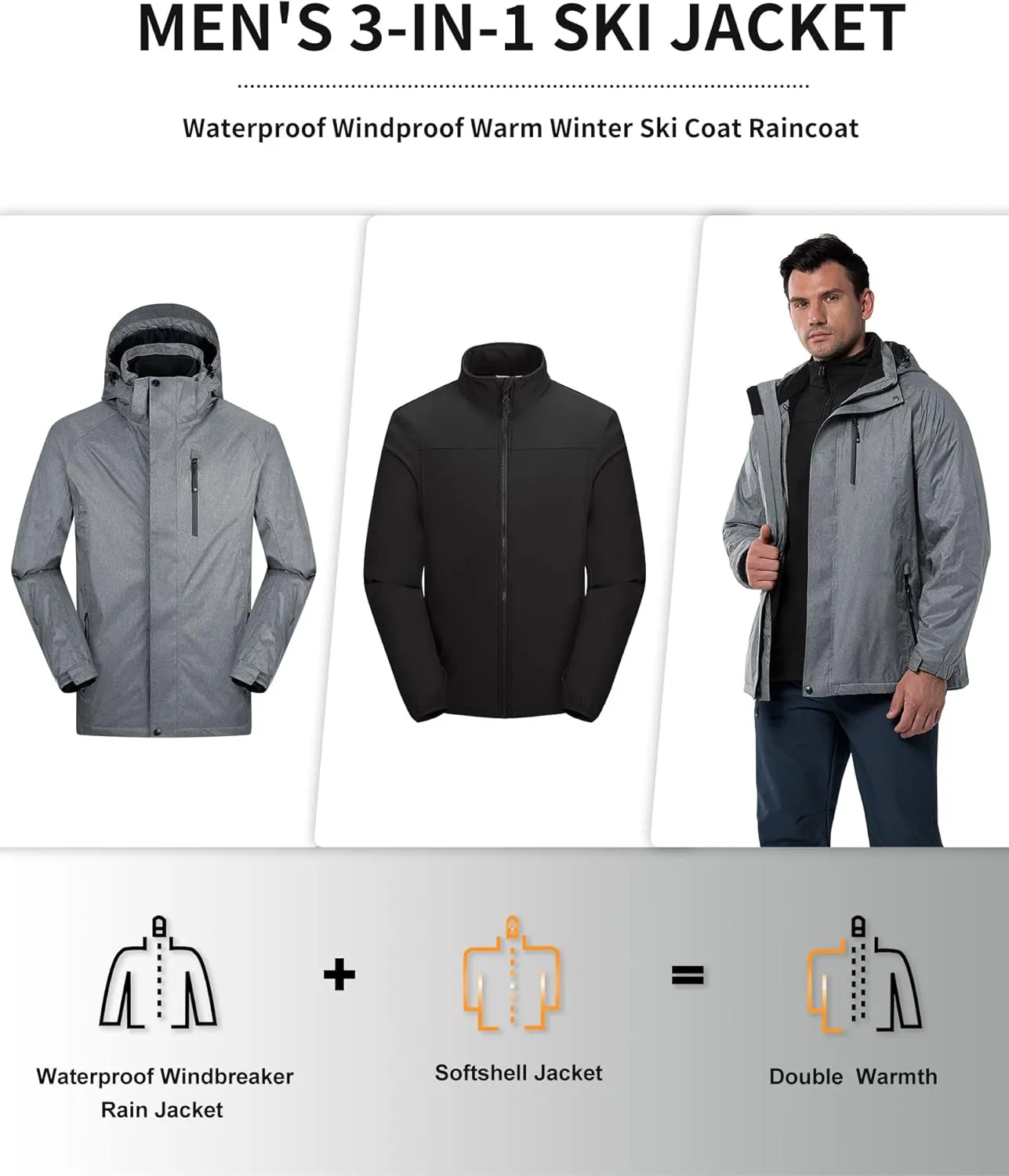 33,000ft Men's Waterproof Jacket Insulated Warm 3-in-1 Ski Snow Winter Coat Windproof Softshell Fleece Raincoat
