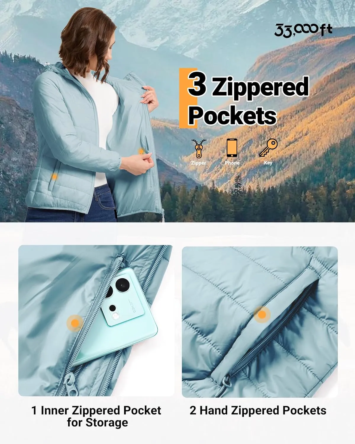 33,000ft Women's Hooded Packable Puffer Jacket Lightweight Warm Puffy Quilted Winter Coat