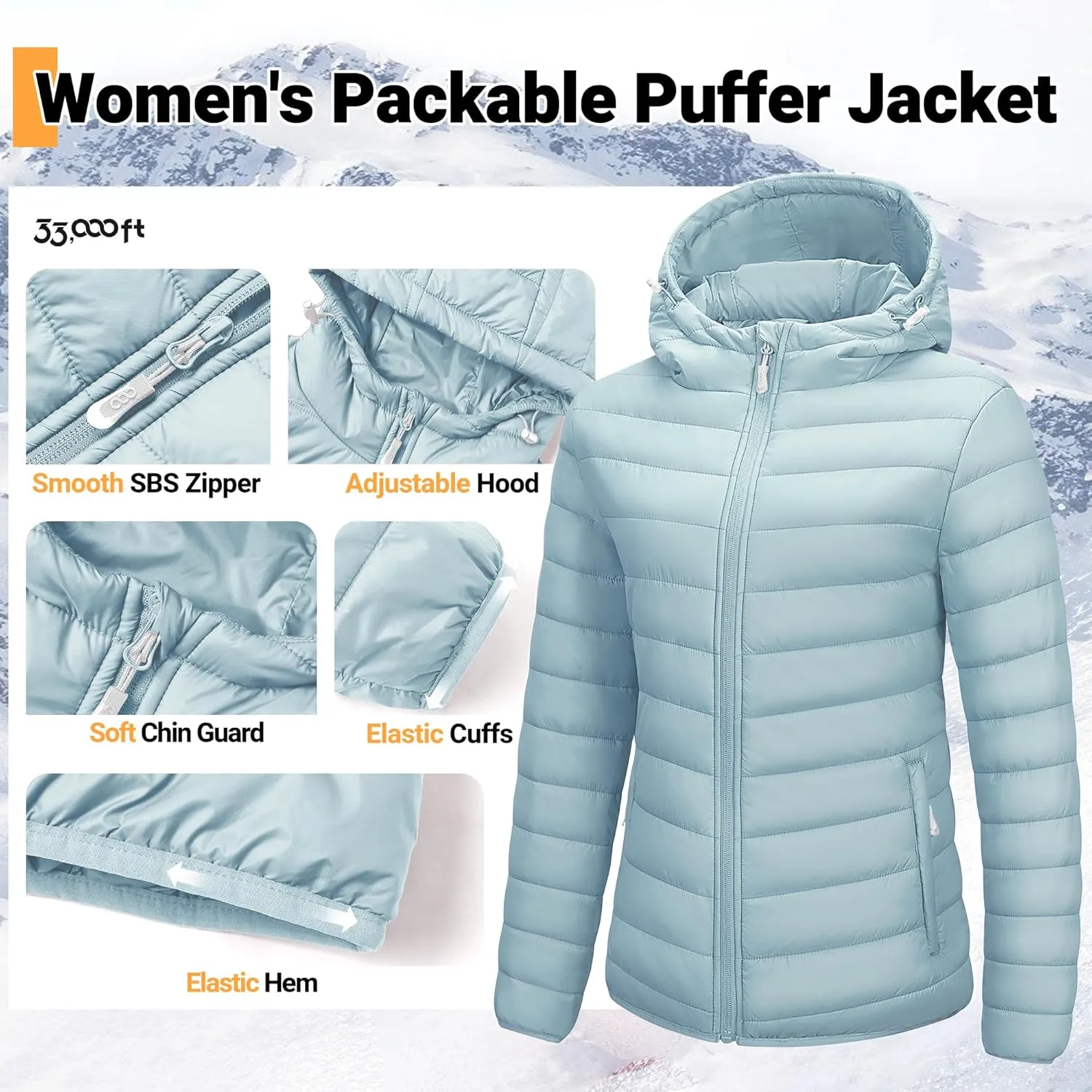 33,000ft Women's Hooded Packable Puffer Jacket Lightweight Warm Puffy Quilted Winter Coat