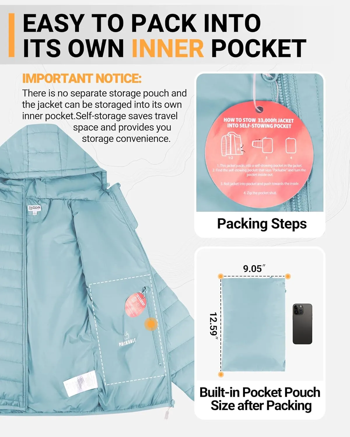 33,000ft Women's Hooded Packable Puffer Jacket Lightweight Warm Puffy Quilted Winter Coat