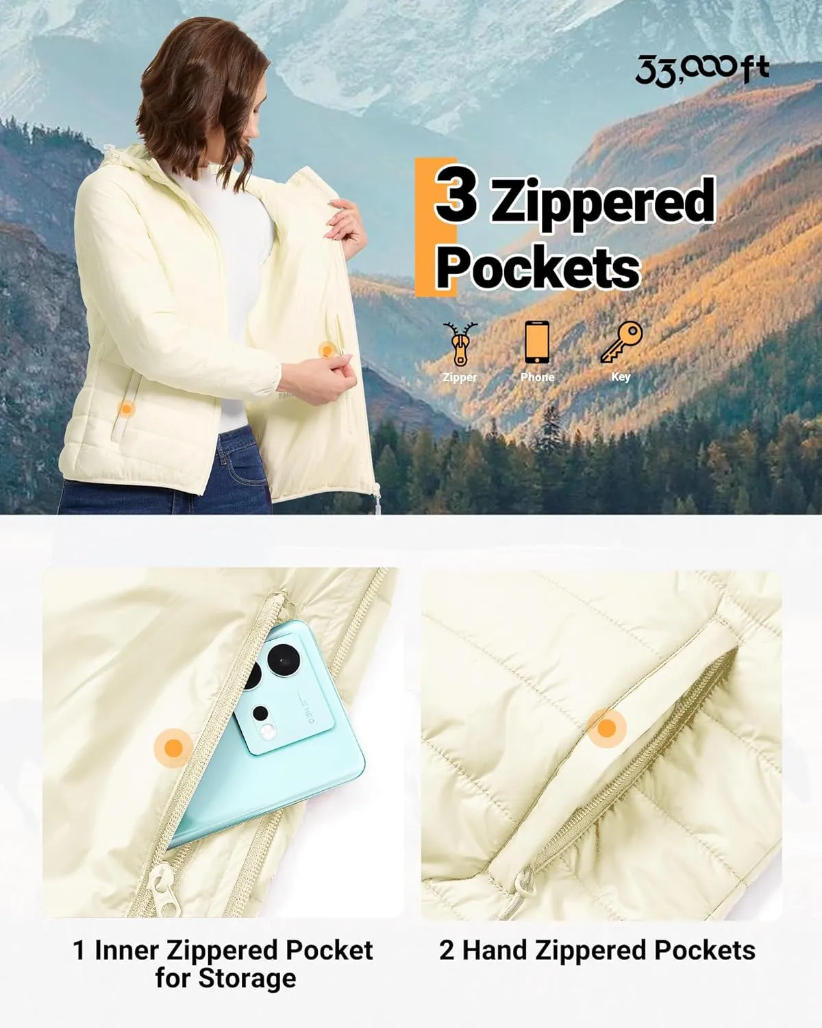 33,000ft Women's Hooded Packable Puffer Jacket Lightweight Warm Puffy Quilted Winter Coat