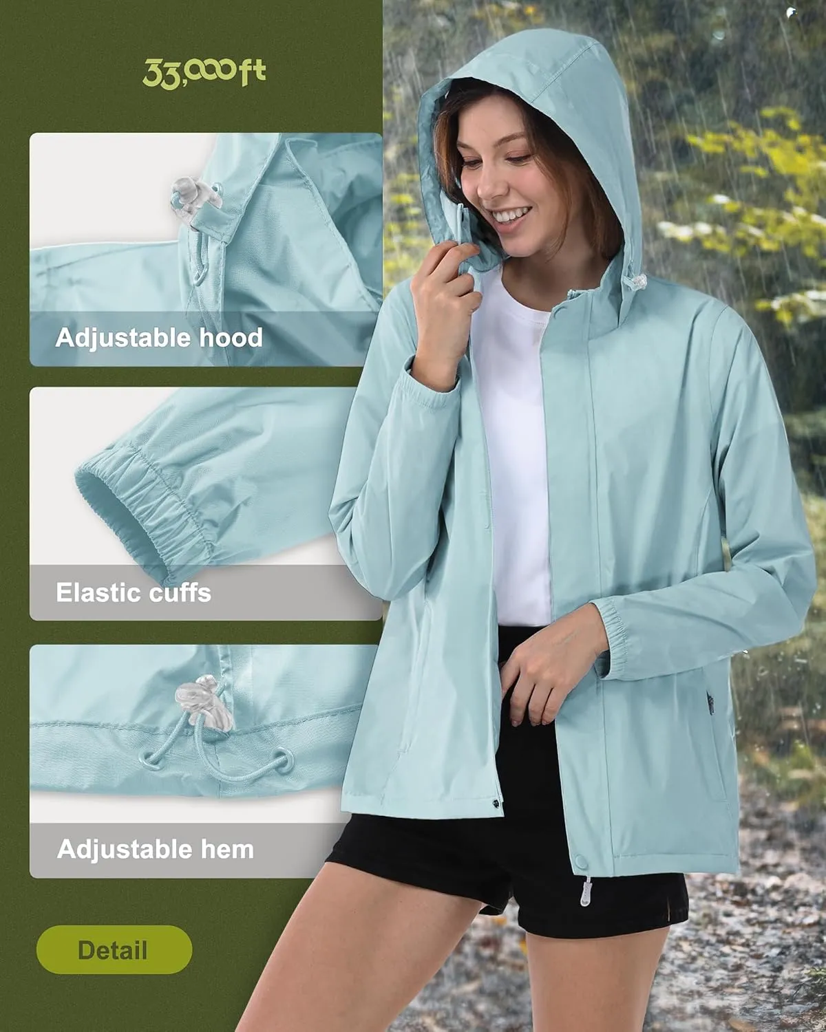 33,000ft Women's Rain Jacket Waterproof Lightweight Packable Raincoat with Hood for Golf Hiking Travel Windbreaker